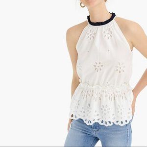 Never Worn J. Crew Eyelet Mockneck Top with Peplum in white with navy trim
